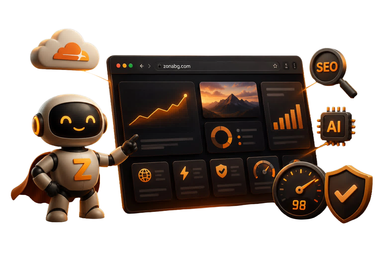 3D илюстрация: роботът ZonaBot представя свръхбърз сайт с аналитика, SEO, AI асистент, скорост 98/100 и защита от Cloudflare