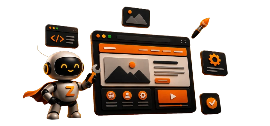3D илюстрация: роботът ZonaBot с гаечен ключ строи индивидуален уебсайт с код, дизайн и настройки