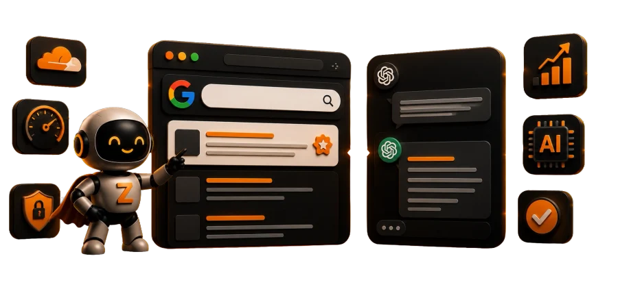 3D илюстрация: роботът ZonaBot показва челна позиция в Google търсене и в AI чат търсачки, с растящо класиране